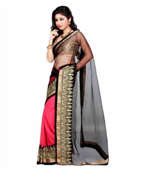 Designer Net Sarees Black & Pink Color Half & Half Designer Net Sarees For Women