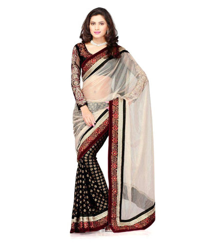 Designer Multicoloured Net Saree Embroiderd Jacquard Fancy White Net Black Saree