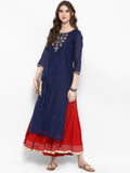 Navy Blue & Red Embroidered Kurta with Skirt