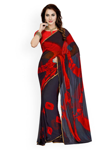 Navy Blue & Red Printed Chiffon Sarees Tie And Dye Zari Woven Work Chiffon Sarees