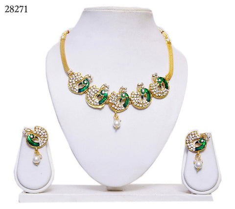 Necklace Online Green Colored Peacock Design Alloy With Moti & Diamond Neck Jewelry 