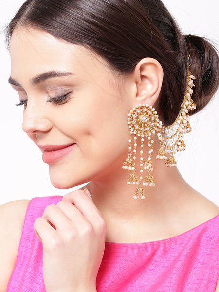 Off-White 18K Gold-Plated Beaded Handcrafted Jhumkas with Ear Chain - Jhumka Earring Chain Jewellery Set