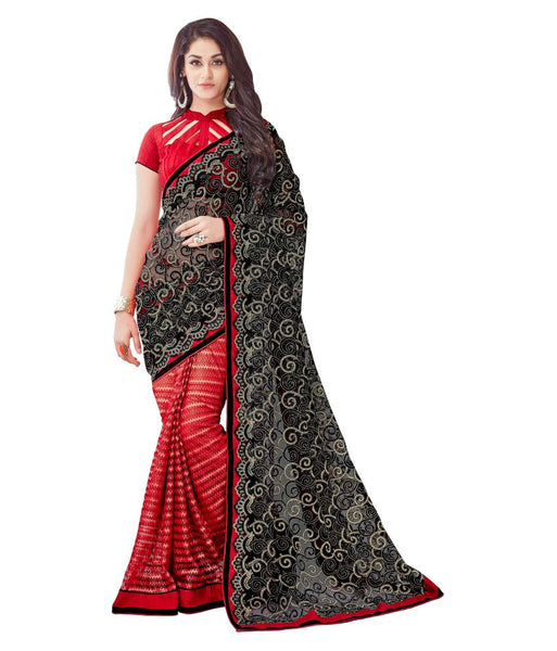 Black & Red Color Net Saree With Lace And Embroidery Work Designer Net Sarees