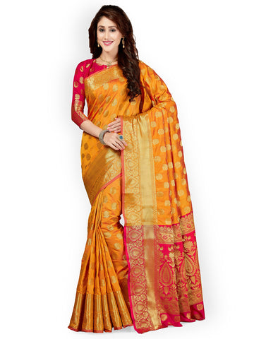 Orange Silk Blend Woven Design Banarasi Silk Saree