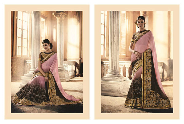 Urban-Naari-Pink-And-Brown-Colored-Georgette-And-Net-Saree