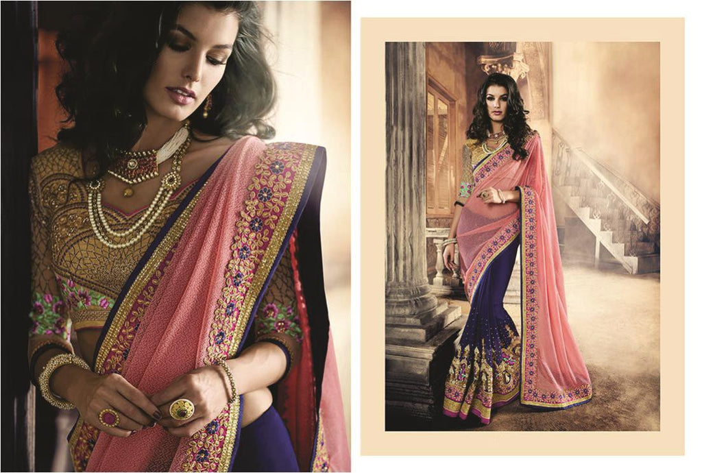 Latest Partywear Pink And Blue Colored Lycra Net And Georgette Saree ...