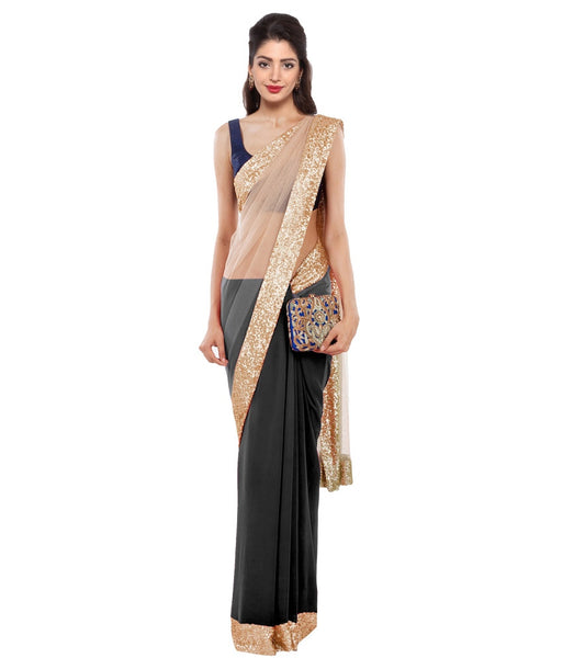 Golden & Black Color Plain Net Saree Designed With Golden Lace Border Work Designer Net Sarees