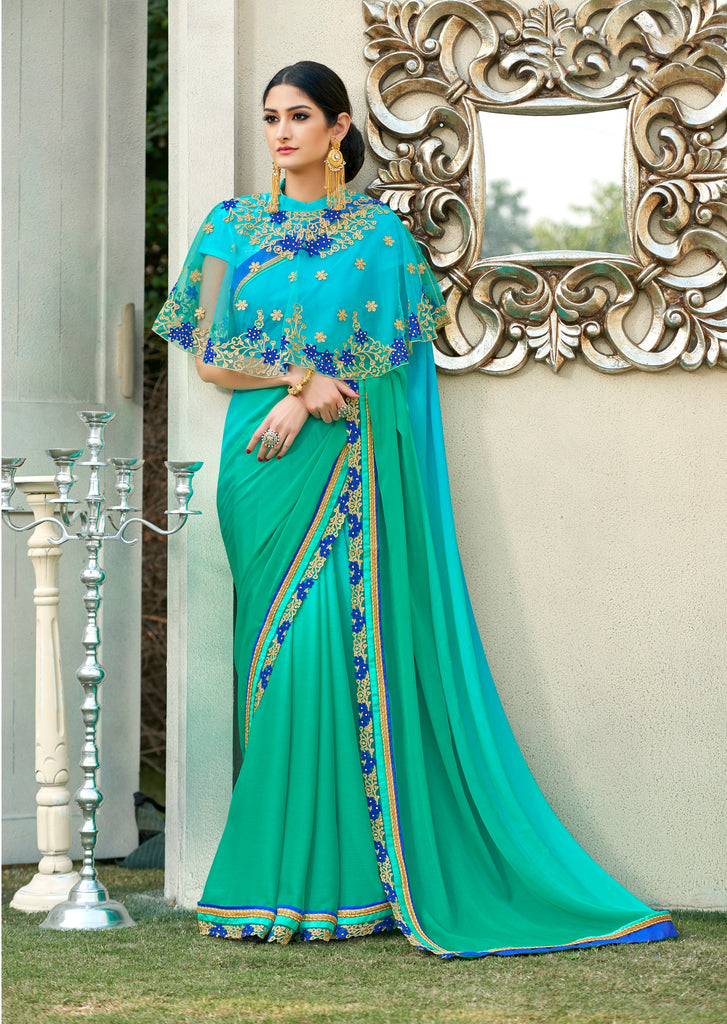 Plain Pure Chiffon Sarees with Designer Blouse | Sky Blue Saree Design