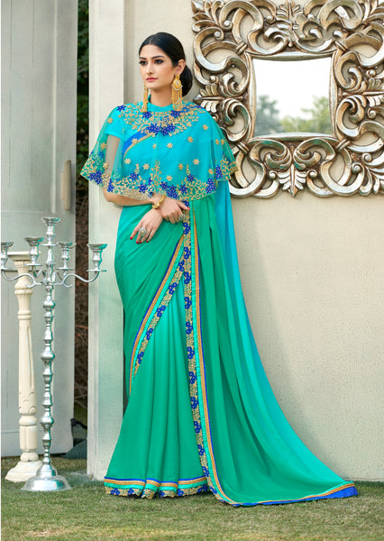 Partywear Cape Saree Chiffon Georgette Blue & Green Floral Embroidery Work Cape Saree Blouse 