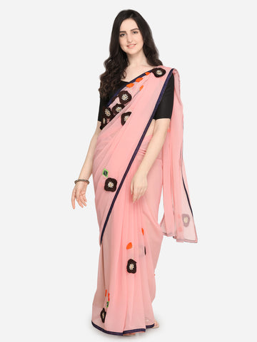 Patch Work Sarees - Pink Woven Design Poly Georgette Saree