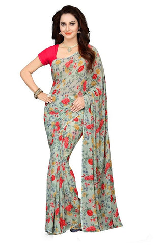 Printed Georgette Sarees Multicolor Rose Print Georgette Sarees With Plain Blouse