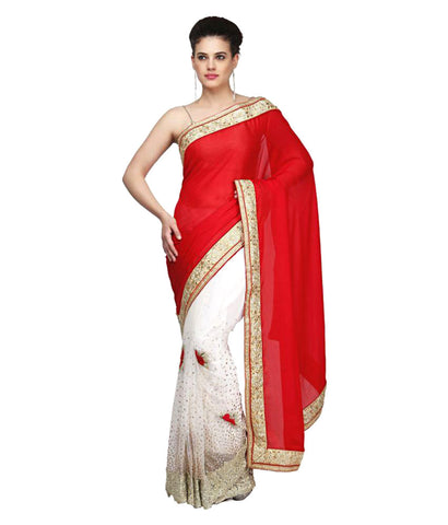 Red & White Color Half & Half Net Saree Designed With Floral Embroidery Stone & Broad Border Work