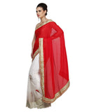 Red & White Color Half & Half Net Saree Designed With Floral Embroidery Stone & Broad Border Work