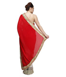 Red & White Color Half & Half Net Saree Designed With Floral Embroidery Stone & Broad Border Work