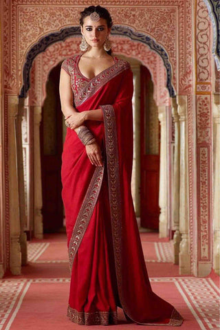 Red Color Georgette Silk Embroidered Saree
