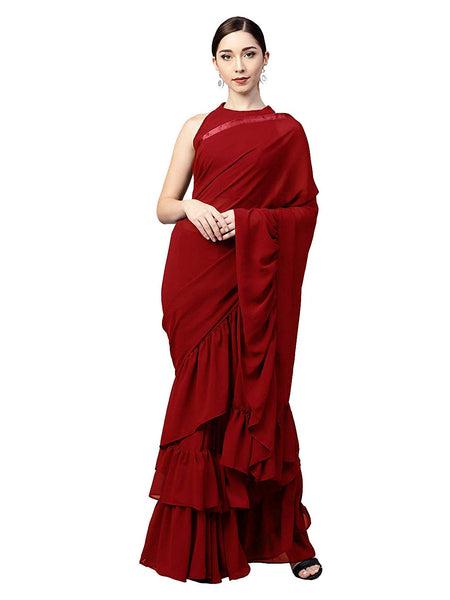 Red Georgette Solid Ruffle Saree