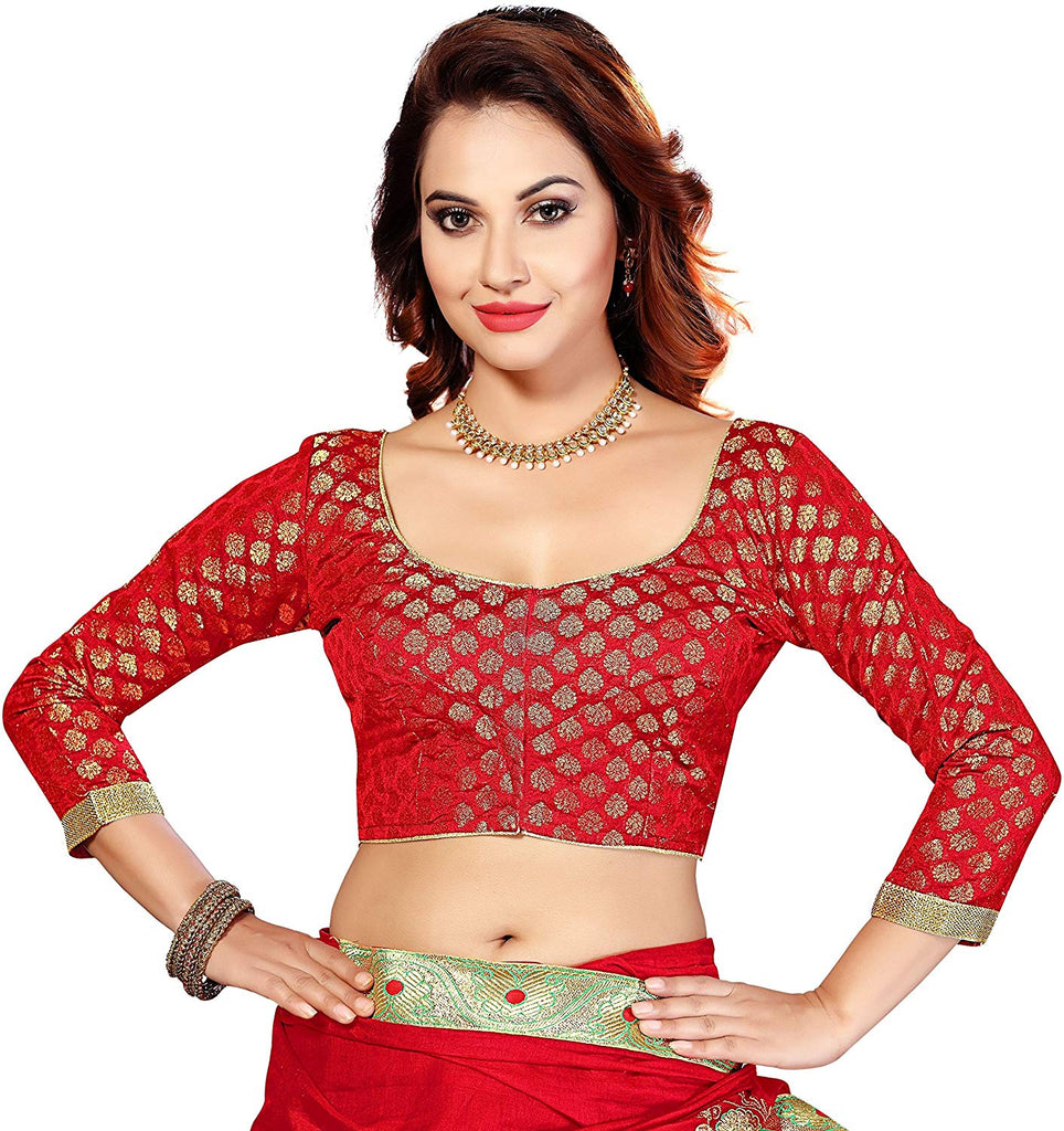 Red Long Sleeve Saree Blouse, Brocade Saree Blouse Pattern