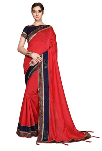 Red Sarees - Women's Cotton Art Silk Designer Red Saree with Blouse Piece