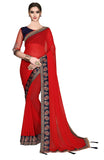 Red Sarees - Women's Georgette Designer Red Saree with Blouse Piece