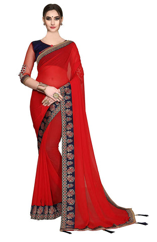 Red Sarees - Women's Georgette Designer Red Saree with Blouse Piece