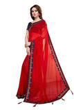 Red Sarees - Women's Plain Solid Georgette Red Saree with Blouse Piece