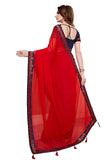 Red Sarees - Women's Plain Solid Georgette Red Saree with Blouse Piece