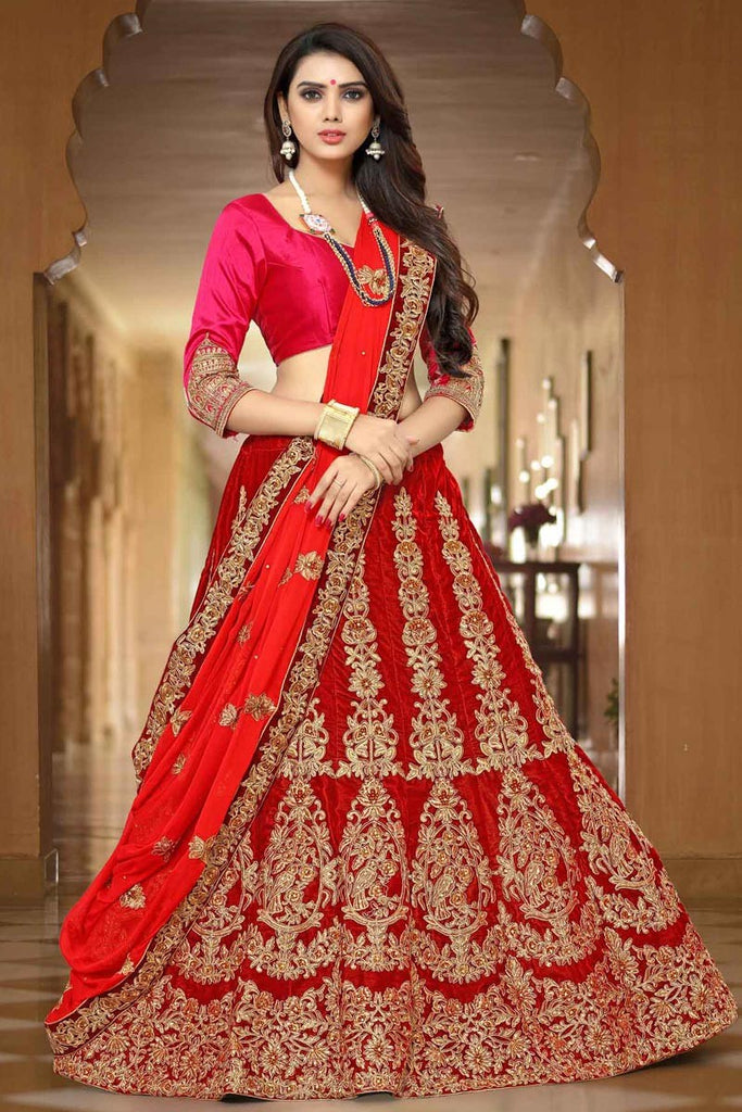 Buy Women Maroon Thread Embroidered Lehenga Set With Blouse And Contrast  Dupatta - Wedding Wonder - Indya