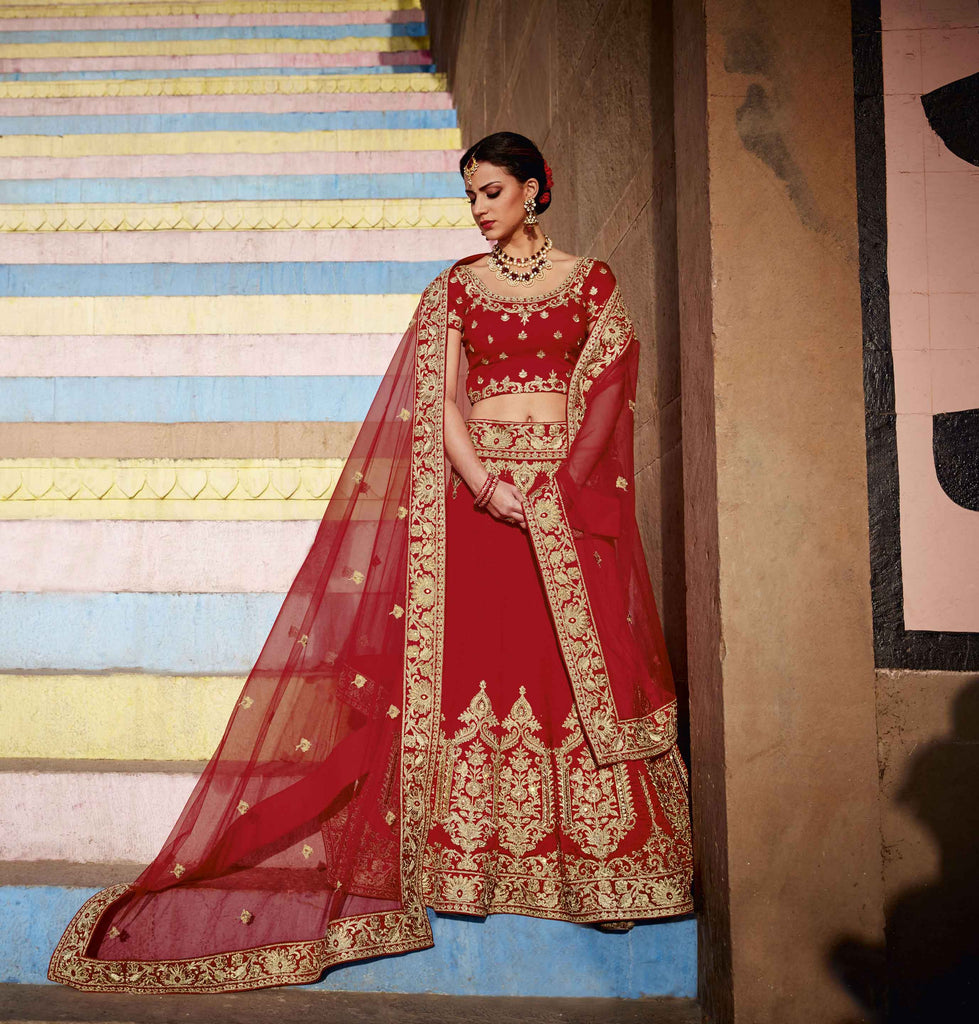 Shop Red Bridal Lehenga Choli Semi Stitched Wedding Ghagra Choli ...