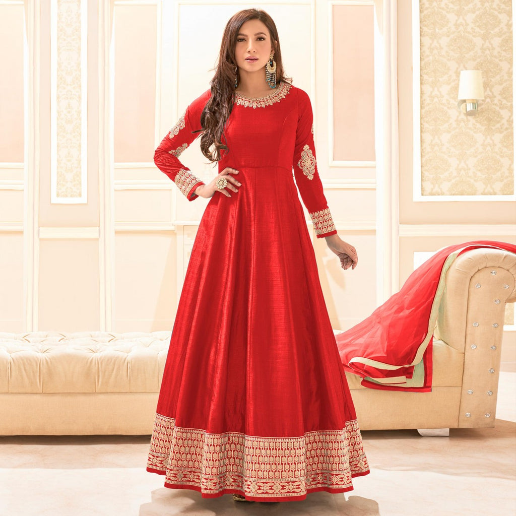 New Stylist Red Embroidered Anarkali Suit With Lace LSTV09161