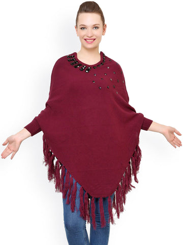 Latest Partywear Maroon Acrylic Poncho Shrug Round Neck Full Sleeves Shrug With Embellished And Tassel