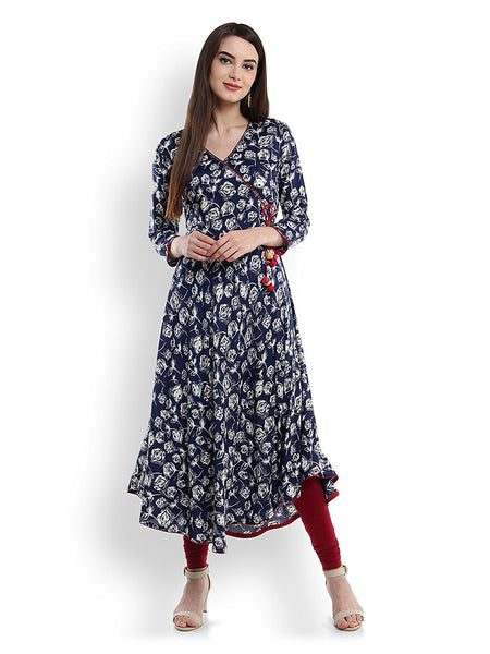 Rose Printed Angrakha Style Anarkali Asymmetrical Anarkali Kurta