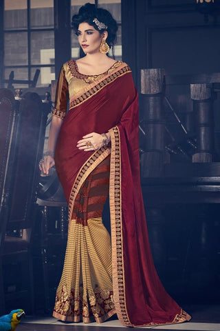 Maroon And Gold Colored Fancy Fabrics And Chinon Floral Patch And Fancy Designer Saree