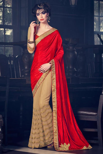 Partywear Red And Beige Colored Net And C/N Paper Silk Stone & Patch Work Design Saree