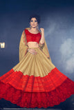 Gold And Red Colored Lycra Fancy Fabrics And  Stone, Cut Paste And Fancy Designs Saree