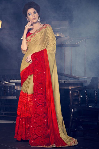 Gold And Red Colored Lycra Fancy Fabrics And  Stone, Cut Paste And Fancy Designs Saree