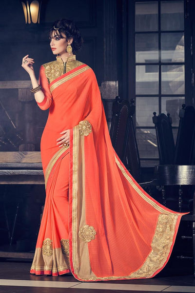 Partywear Orange Colored Marble Lining Patch Work, Fancy Border Work Saree