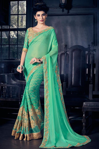 Green Colored Fancy Paper Silk Designer Partywear Border Work Saree