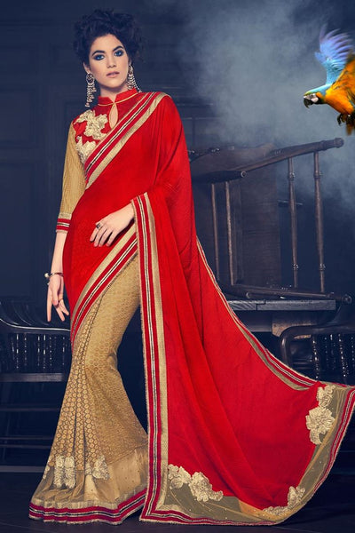 Fancy Red & Gold Color Paper Silk Designer Saree With Stone & Fancy Designs Saree