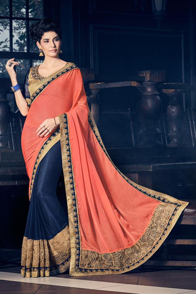 Partywear Designer Orange And Violet Colored Border And Sequence Work Saree