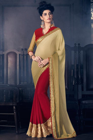 Fancy Beige And Maroon Colored Georgette Fancy Designer Border Work Saree