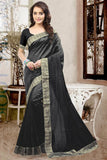 Fancy Designer Black Color Plain Silk Sari With Embroidered Silver Chain Work Border Art Silk Saree