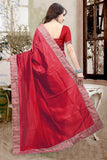 Designer Partywear Red Color Plain Silk Sari With Embroidered Lace Border Saree