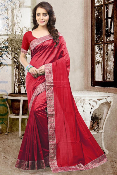Designer Partywear Red Color Plain Silk Sari With Embroidered Lace Border Saree