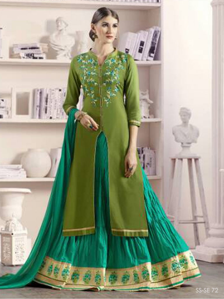 Flamboyant Green Colored Partywear Meenakari Jacquard Work Cotton Kurti Skirt