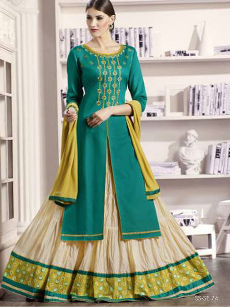 Party wear Firozi & Beige Color Long Kurtas With Skirt Style Salwar Suits