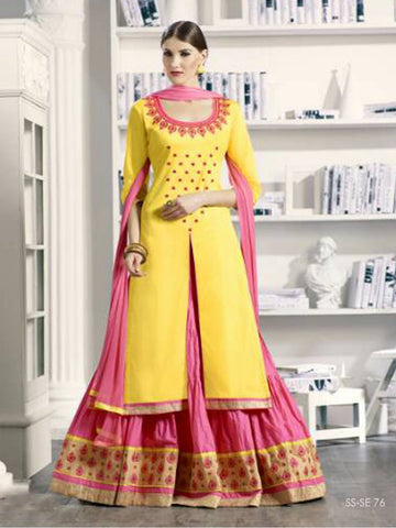 Fancy Yellow & Pink Salwar Kameez With Floral Embroidery Work