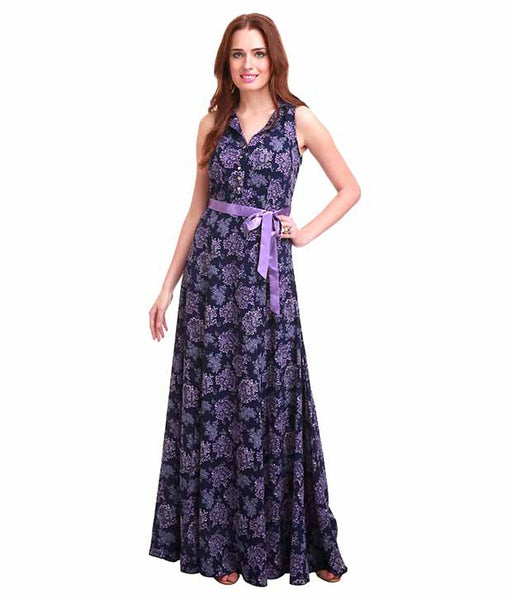 Latest Designer Navy Blue Polyester Sleeveless Long Maxi Paisley Printed Summer Maxi Dress For Women