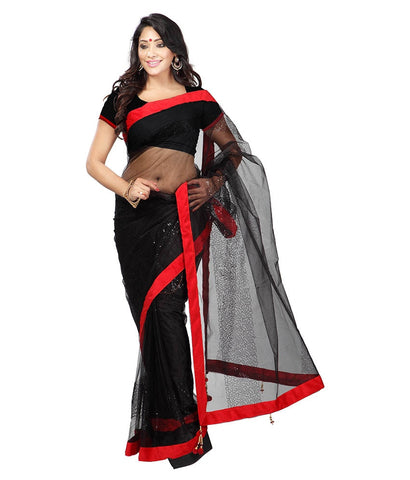Black Color Net Saree Designed With Embroidery & Lace Work