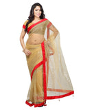 Golden Color Net Saree Designed With Embroidery & Lace Work