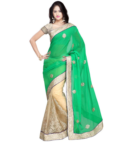 Green & Beige Color Net Saree Designed With Patch, Stone, Lace Border Work Designer Net Sarees